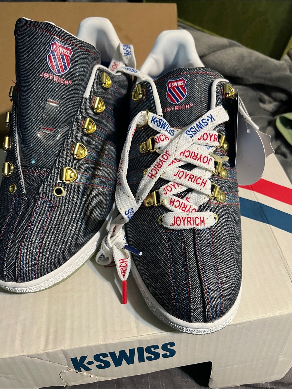 K-Swiss Denim Sneakers with Red Stitching and Gold Eyelets